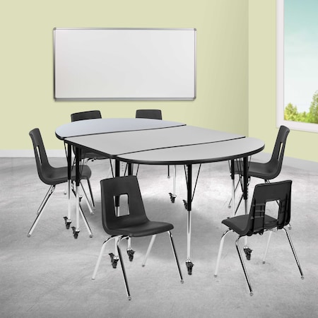 Flash Furniture Mobile 76" Oval Wave Grey Table Set-18" Chairs XU-GRP-18CH-A3048CON-48-GY-T-A-CAS-GG